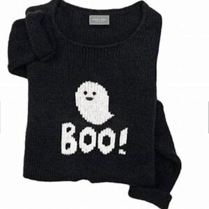 Wooden Ships Ghost Boo Halloween black sweater size Large